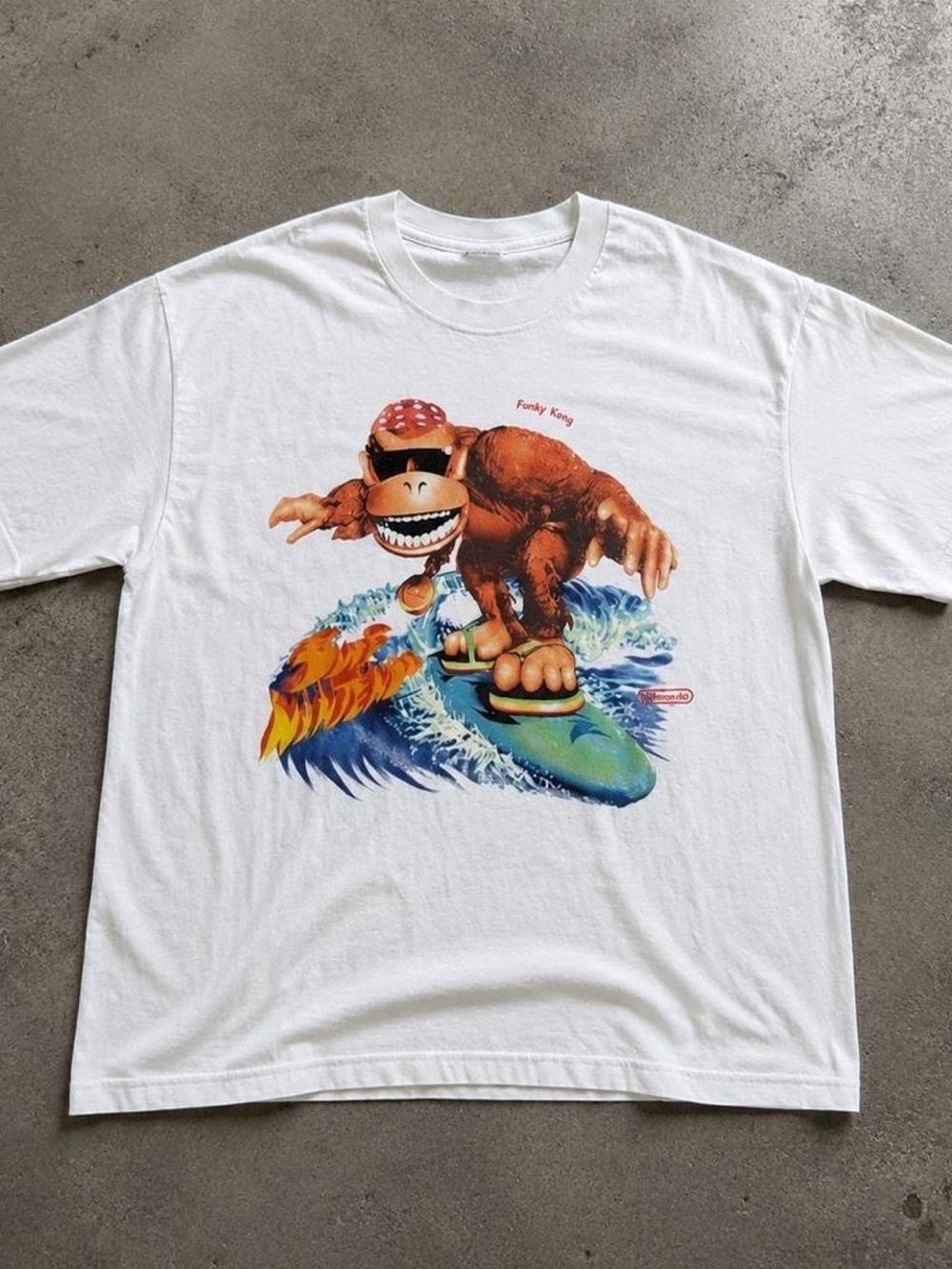 Gildan White Donkey Kong Surfing Graphic Tee with Blue & Orange Art